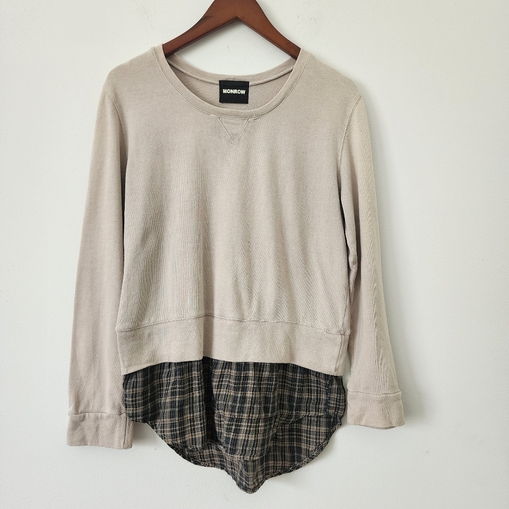 Monrow Women's French Plaid Double Layer Sweatshirt in Fawn Size Medium